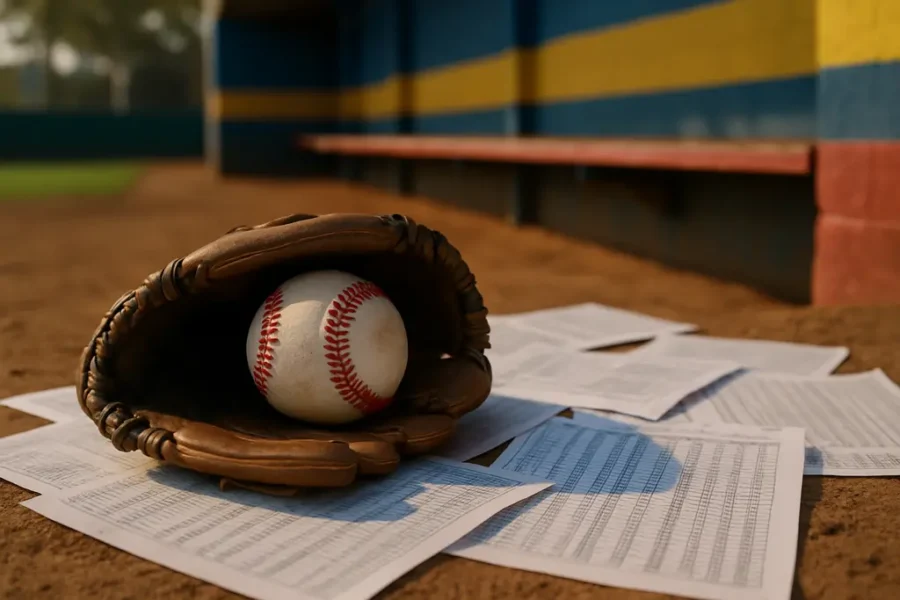 Roster adjustments shown through baseball cards and lineup sheets on a desk