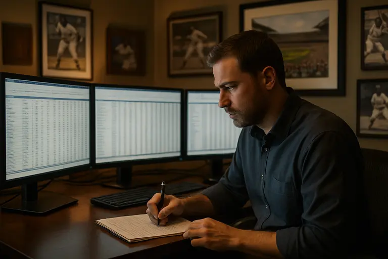 A pitcher throws in a bullpen as an analyst tracks the session from nearby