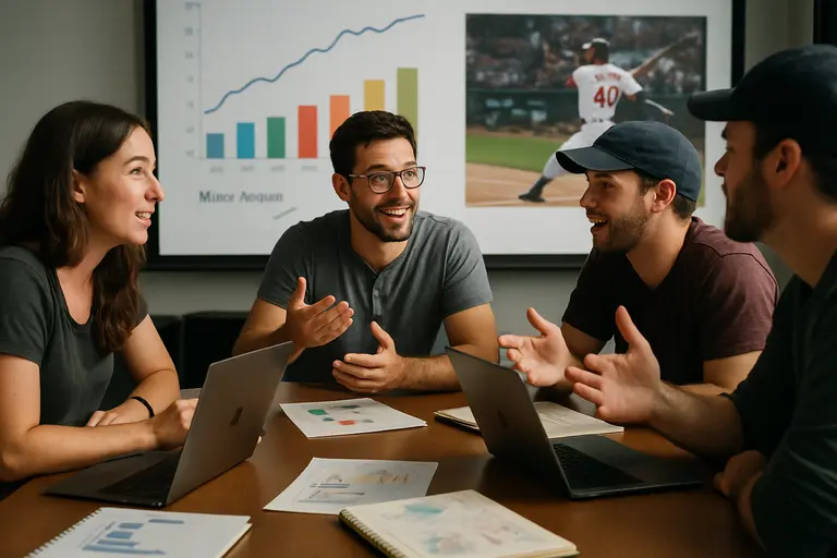 Analyst reviewing baseball charts and player data near a laptop