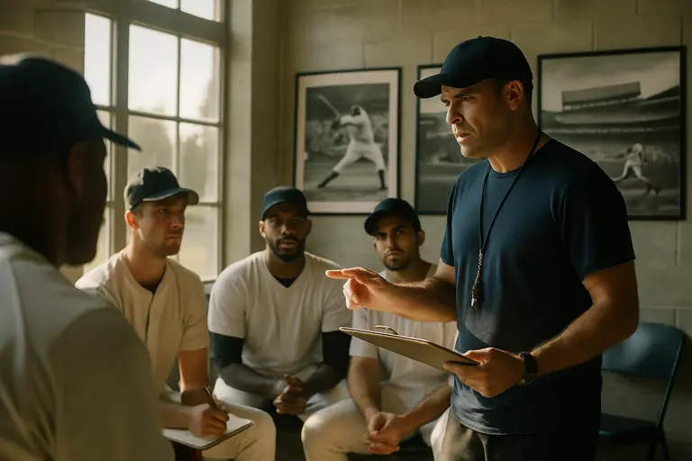 Baseball executives reviewing contracts and lineup cards at a table