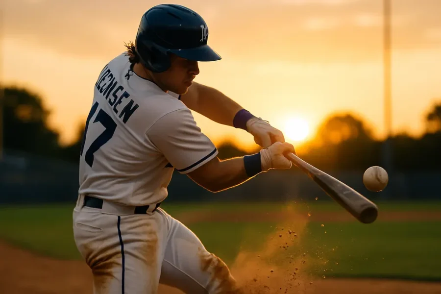 Carter Jensen Rookie Season scene with a catcher at the plate in a Royals-inspired ballpark