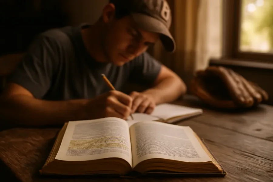 Classic Baseball Books beside scorecards and old player stat sheets on a desk