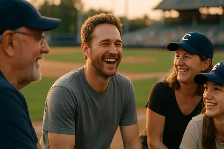 Family members seated near a baseball field railing during a quiet afternoon