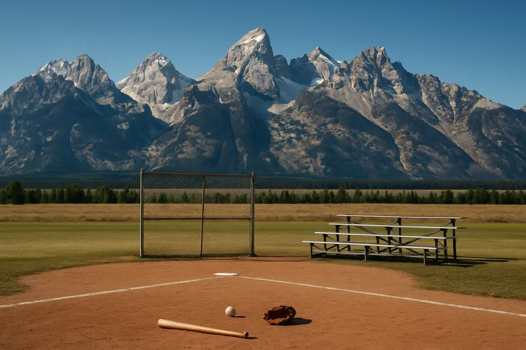 Grand Teton Game concept shown as a quiet baseball field near mountain parkland