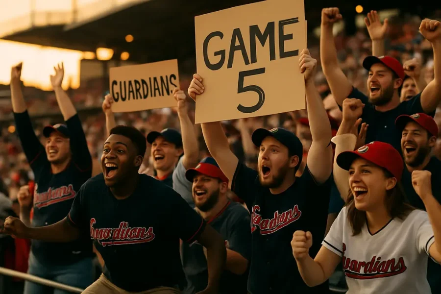 Guardians Game 5 comeback scene with a pitcher on the mound at a packed ballpark