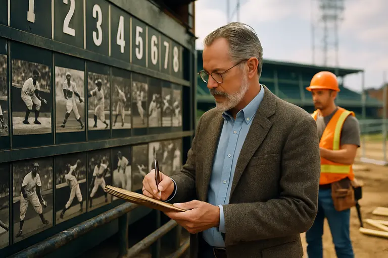 Historic baseball grandstand with updated seating and field lights