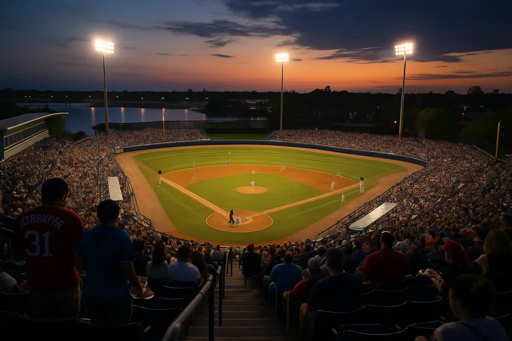 Jackie Robinson Ballpark with fans seated near the renovated concourse