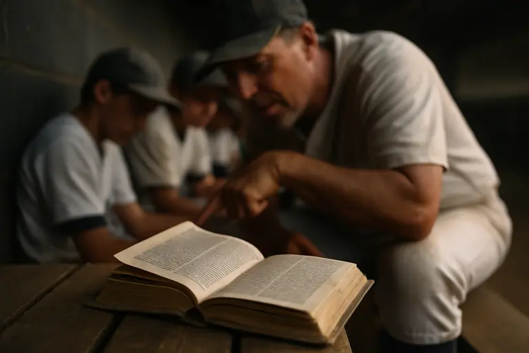 Manager studying a roster sheet with a small bench visible behind him