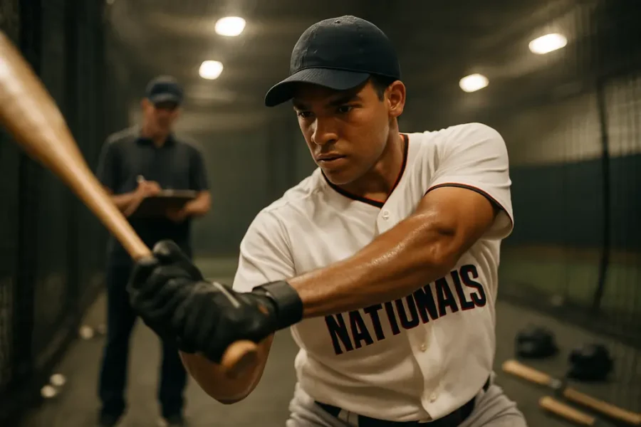 Nationals Player Development staff review charts near a minor league batting cage