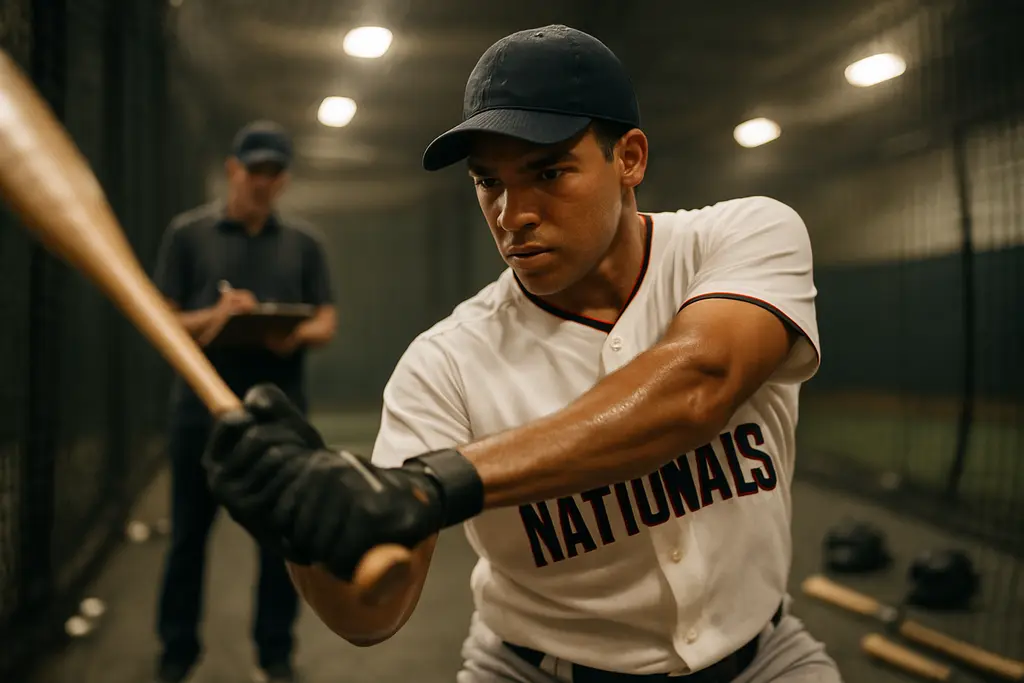 Nationals Player Development staff review charts near a minor league batting cage