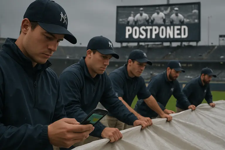 Open-air ballpark under gray clouds with staff preparing the field