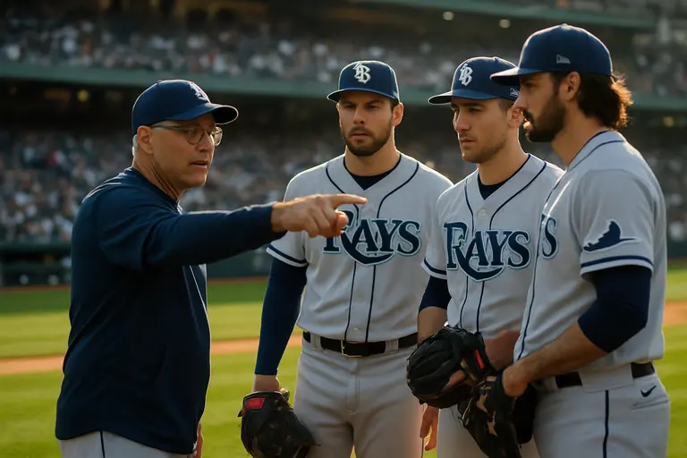 Pitching coach and catcher speaking on the mound during a tense inning