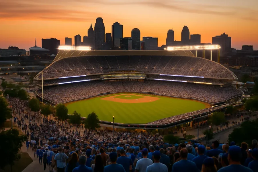 Royals Downtown Ballpark concept with shaded seating and a downtown outfield view