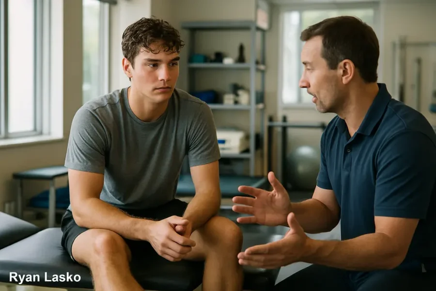 Ryan Lasko Rehabilitation setting with a baseball glove near therapy equipment
