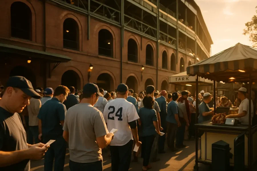 Stadium Funding History shown through a modern ballpark site with cranes and public meeting notes